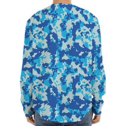 Blue Digital Camo Pattern Print Long Sleeve Baseball Jersey