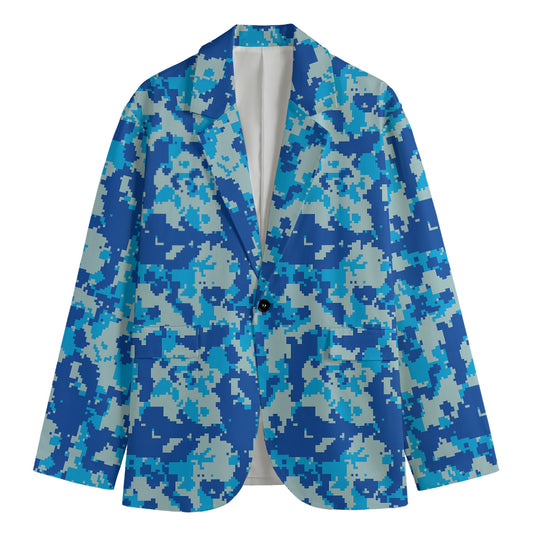 Blue Digital Camo Pattern Print Men's Blazer