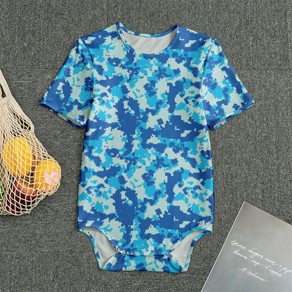 Blue Digital Camo Pattern Print Men's Bodysuit