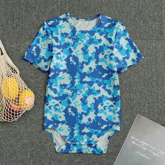 Blue Digital Camo Pattern Print Men's Bodysuit