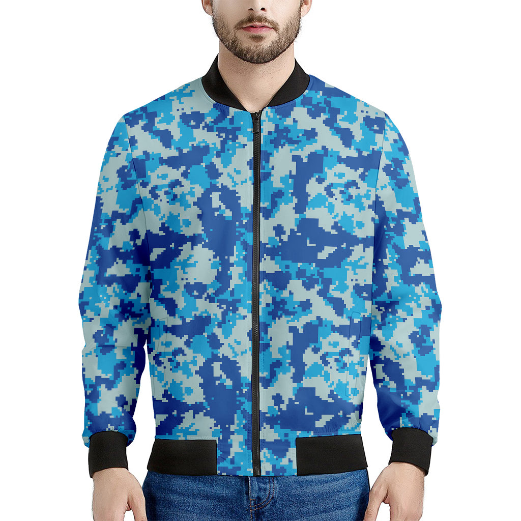 Blue Digital Camo Pattern Print Men's Bomber Jacket