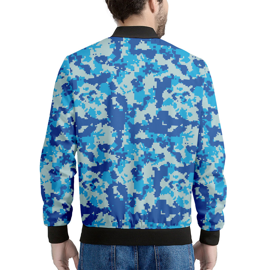 Blue Digital Camo Pattern Print Men's Bomber Jacket
