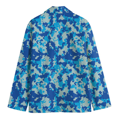 Blue Digital Camo Pattern Print Men's Cotton Blazer