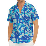 Blue Digital Camo Pattern Print Men's Deep V-Neck Shirt