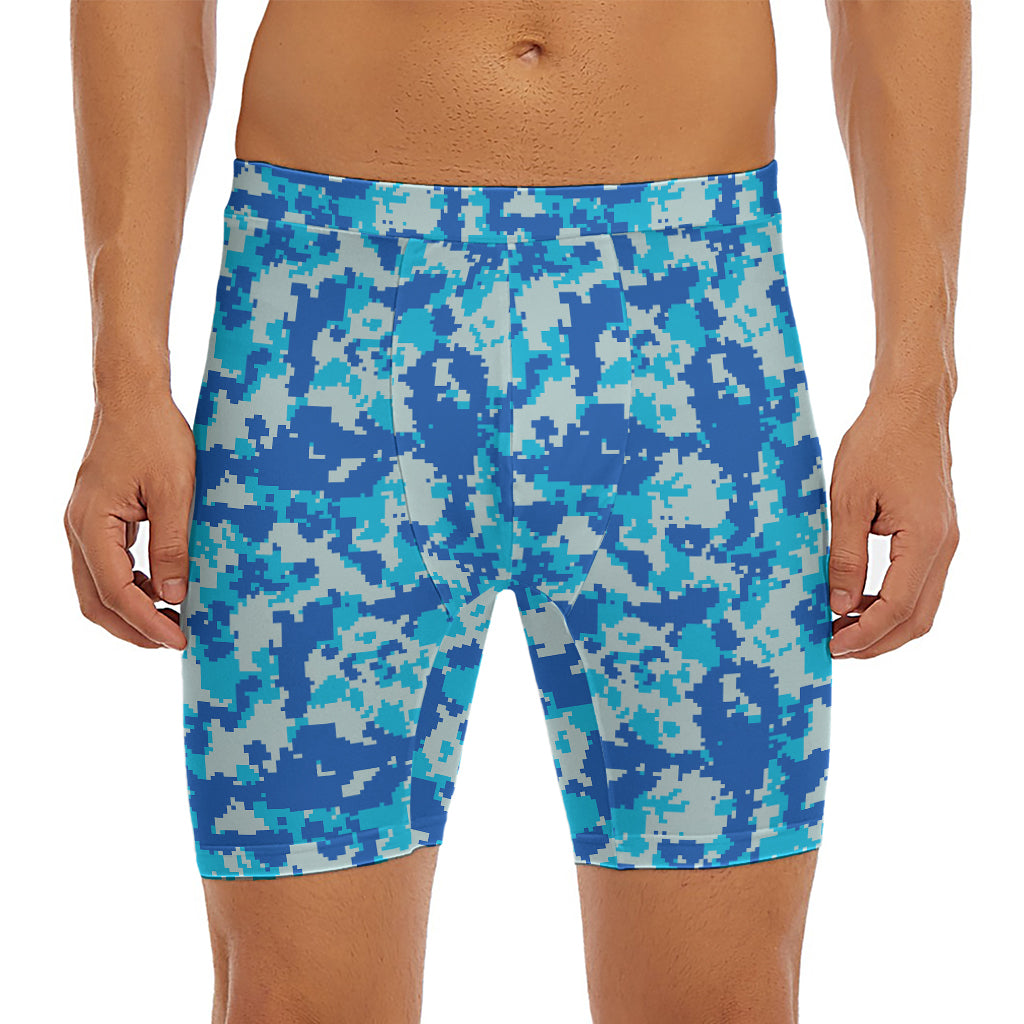 Blue Digital Camo Pattern Print Men's Long Boxer Briefs