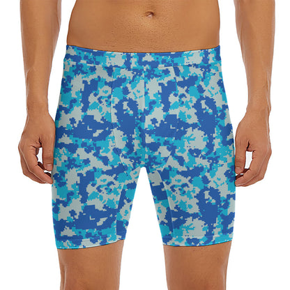 Blue Digital Camo Pattern Print Men's Long Boxer Briefs