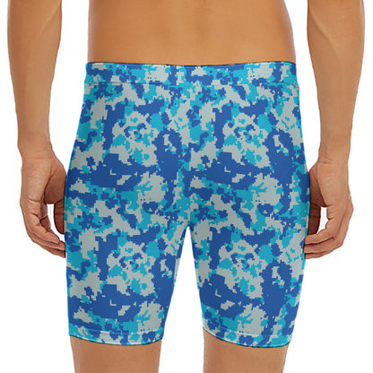 Blue Digital Camo Pattern Print Men's Long Boxer Briefs