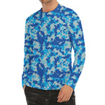 Blue Digital Camo Pattern Print Men's Long Sleeve Rash Guard
