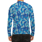 Blue Digital Camo Pattern Print Men's Long Sleeve Rash Guard