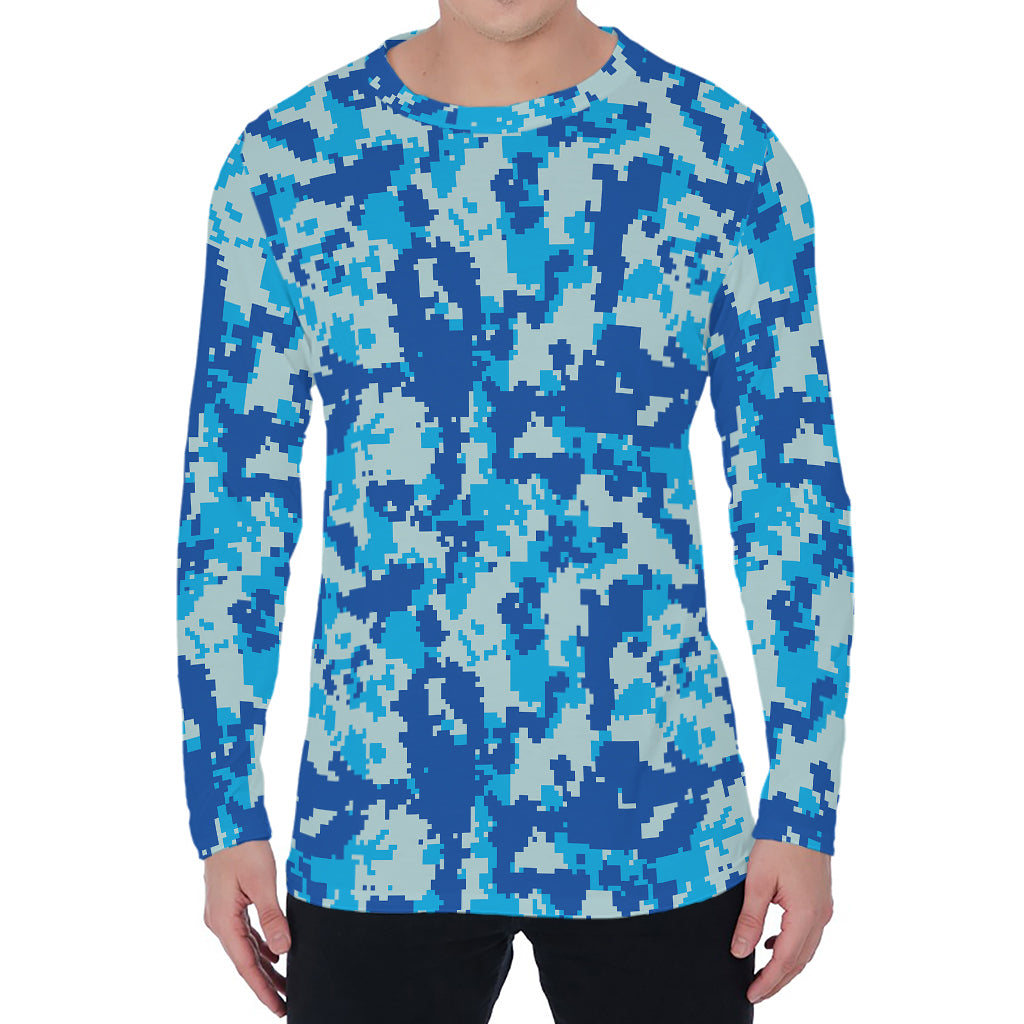 Blue Digital Camo Pattern Print Men's Long Sleeve T-Shirt