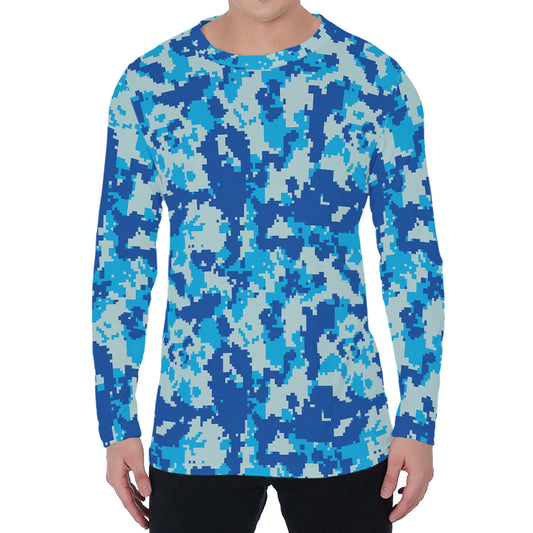 Blue Digital Camo Pattern Print Men's Long Sleeve T-Shirt