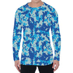 Blue Digital Camo Pattern Print Men's Long Sleeve T-Shirt