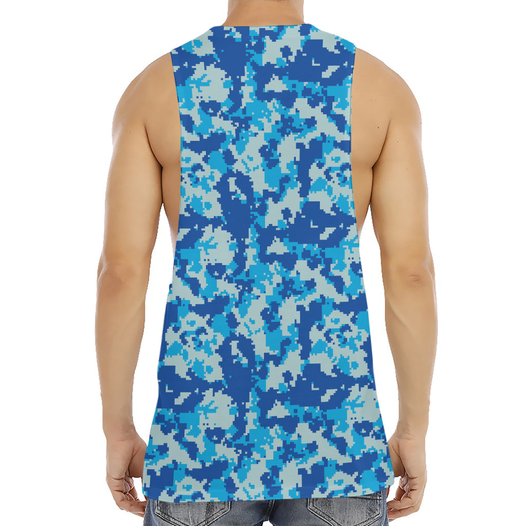 Blue Digital Camo Pattern Print Men's Muscle Tank Top