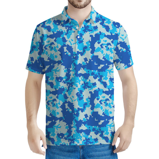 Blue Digital Camo Pattern Print Men's Polo Shirt