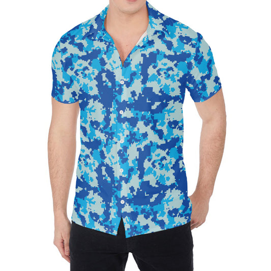 Blue Digital Camo Pattern Print Men's Shirt