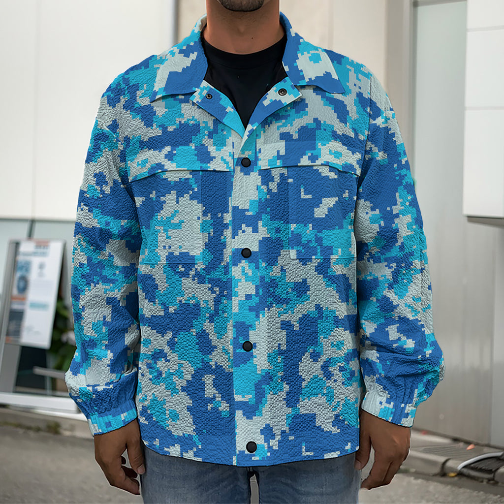 Blue Digital Camo Pattern Print Men's Shirt Jacket
