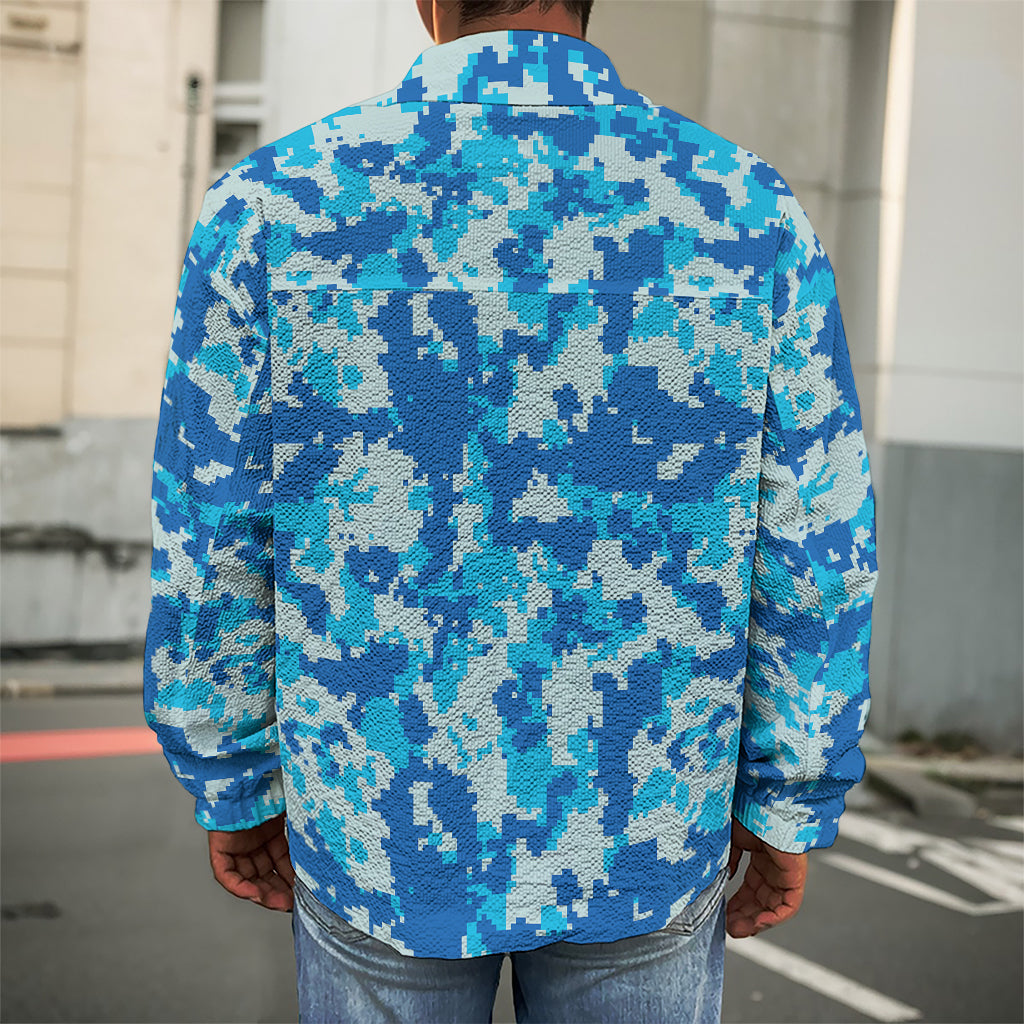 Blue Digital Camo Pattern Print Men's Shirt Jacket