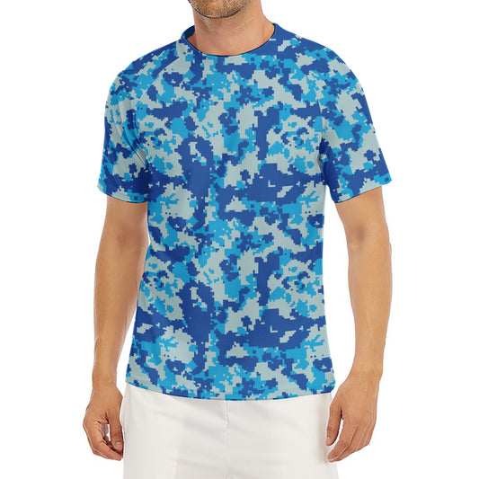 Blue Digital Camo Pattern Print Men's Short Sleeve Rash Guard