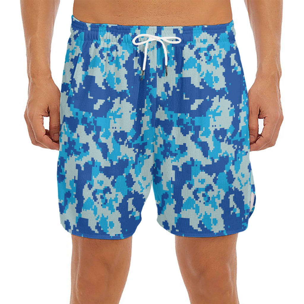 Blue Digital Camo Pattern Print Men's Split Running Shorts