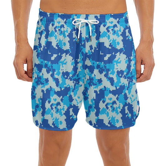 Blue Digital Camo Pattern Print Men's Split Running Shorts
