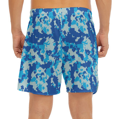 Blue Digital Camo Pattern Print Men's Split Running Shorts