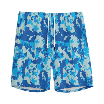 Blue Digital Camo Pattern Print Men's Sports Shorts