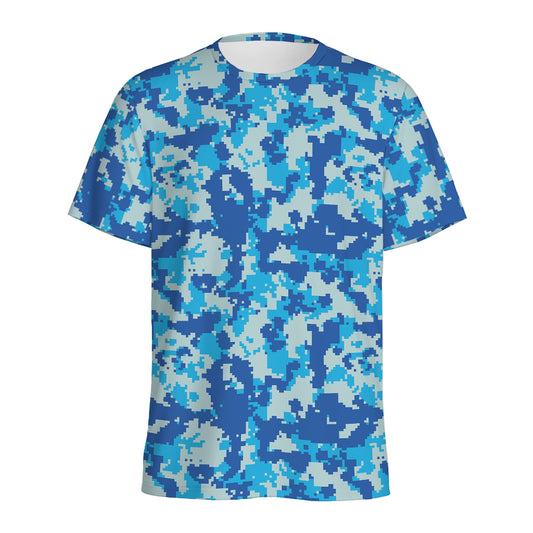 Blue Digital Camo Pattern Print Men's Sports T-Shirt