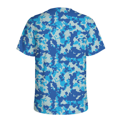 Blue Digital Camo Pattern Print Men's Sports T-Shirt