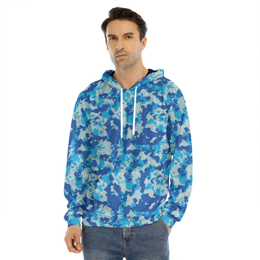 Blue Digital Camo Pattern Print Men's Velvet Pullover Hoodie