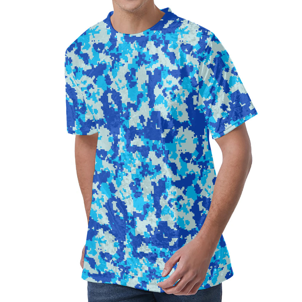 Blue Digital Camo Pattern Print Men's Velvet T-Shirt