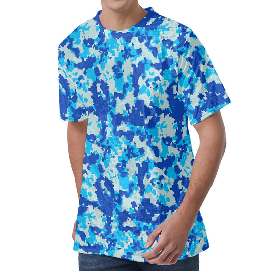 Blue Digital Camo Pattern Print Men's Velvet T-Shirt