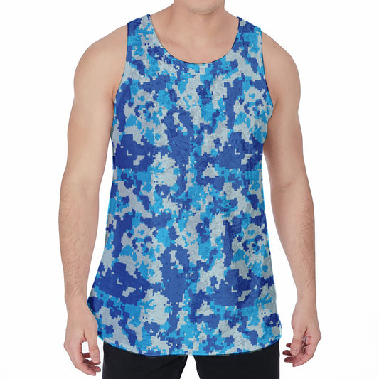 Blue Digital Camo Pattern Print Men's Velvet Tank Top