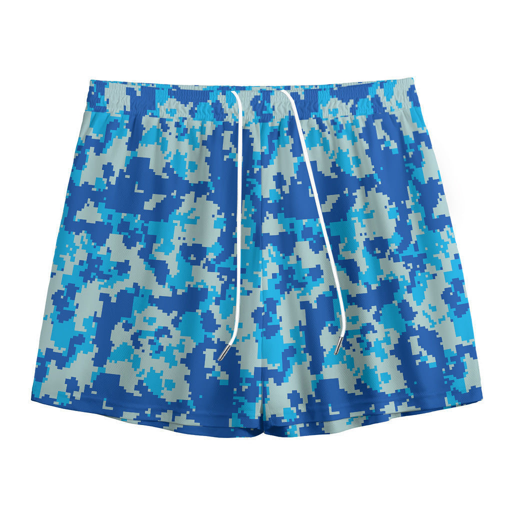 Blue Digital Camo Pattern Print Mesh Shorts