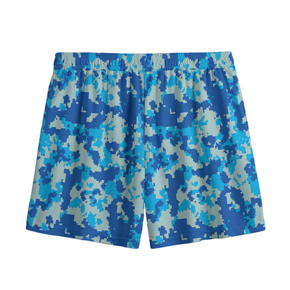 Blue Digital Camo Pattern Print Mesh Shorts
