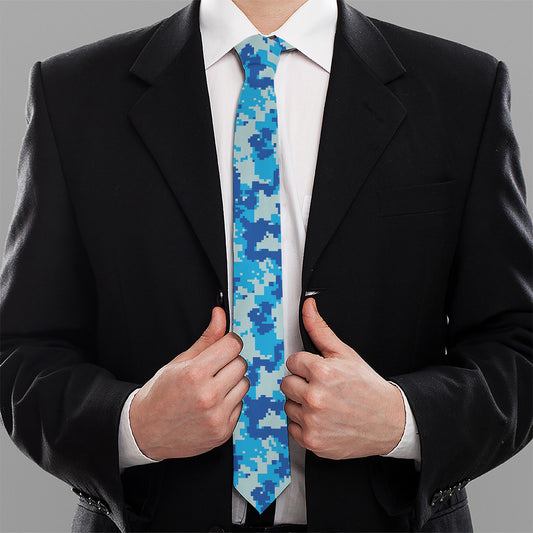 Blue Digital Camo Pattern Print Necktie