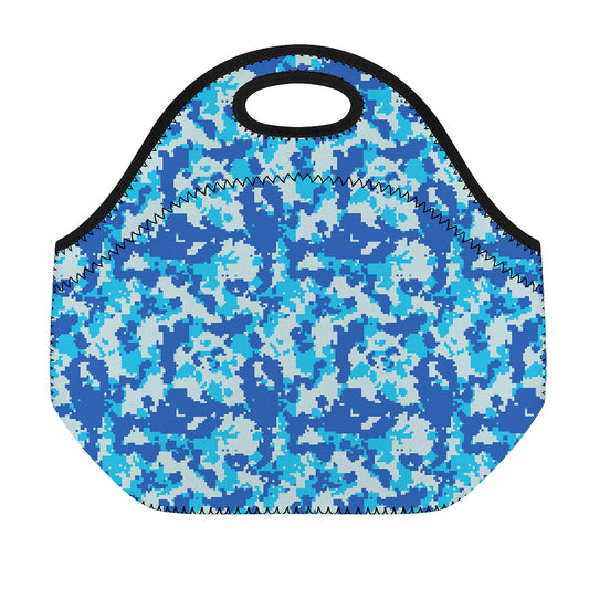 Blue Digital Camo Pattern Print Neoprene Lunch Bag