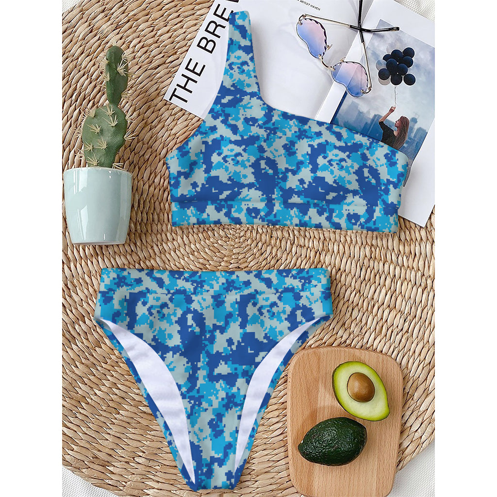 Blue Digital Camo Pattern Print One Shoulder Bikini Top