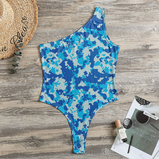 Blue Digital Camo Pattern Print One Shoulder Bodysuit