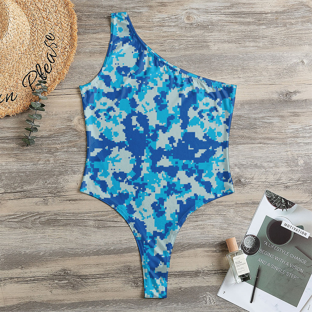 Blue Digital Camo Pattern Print One Shoulder Bodysuit