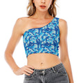 Blue Digital Camo Pattern Print One Shoulder Crop Top
