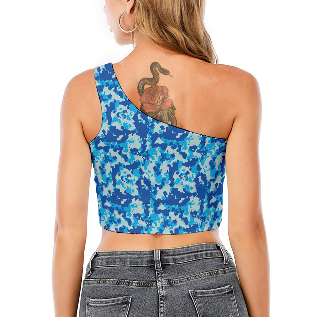 Blue Digital Camo Pattern Print One Shoulder Crop Top