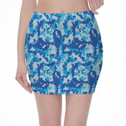 Blue Digital Camo Pattern Print Pencil Mini Skirt