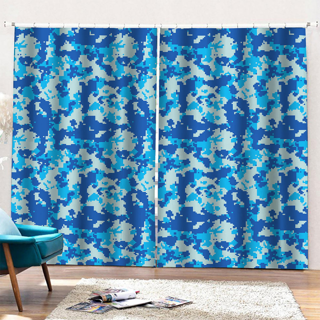 Blue Digital Camo Pattern Print Pencil Pleat Curtains