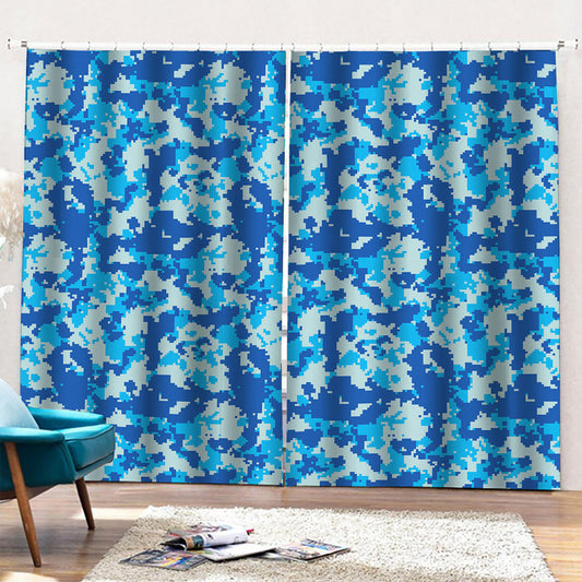 Blue Digital Camo Pattern Print Pencil Pleat Curtains