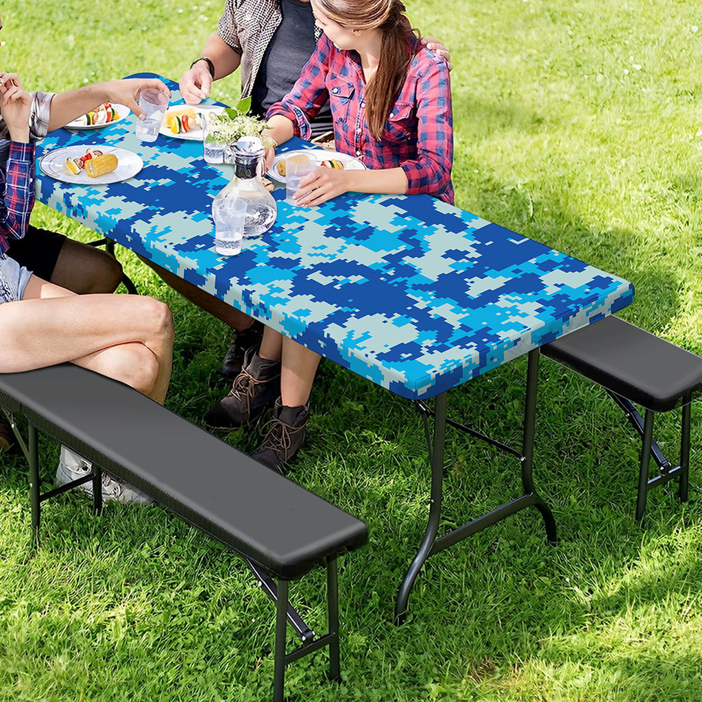 Blue Digital Camo Pattern Print Picnic Table Cover