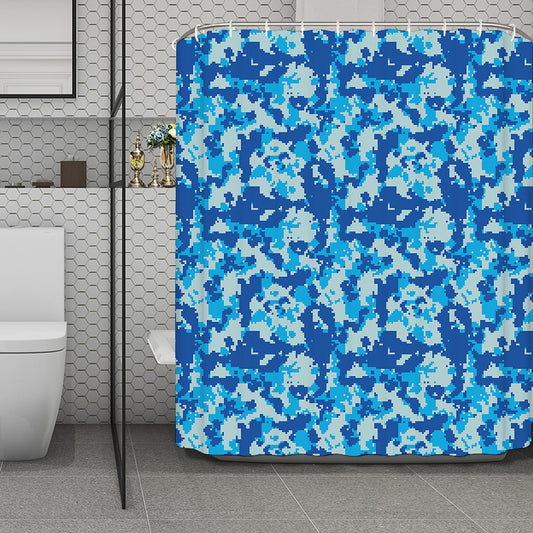 Blue Digital Camo Pattern Print Polyester Shower Curtain