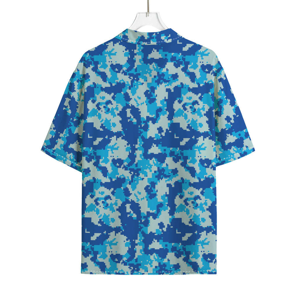 Blue Digital Camo Pattern Print Rayon Hawaiian Shirt