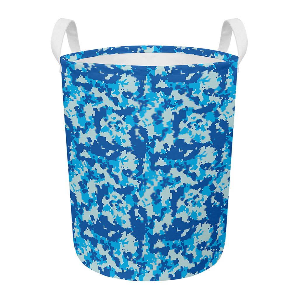 Blue Digital Camo Pattern Print Round Laundry Basket