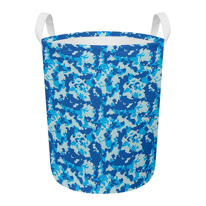 Blue Digital Camo Pattern Print Round Laundry Basket