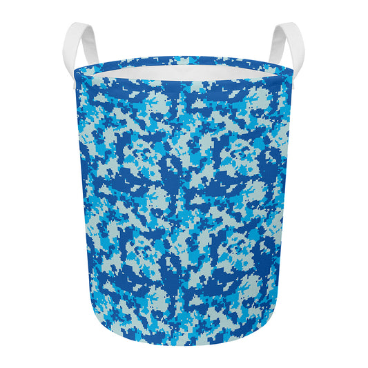 Blue Digital Camo Pattern Print Round Laundry Basket